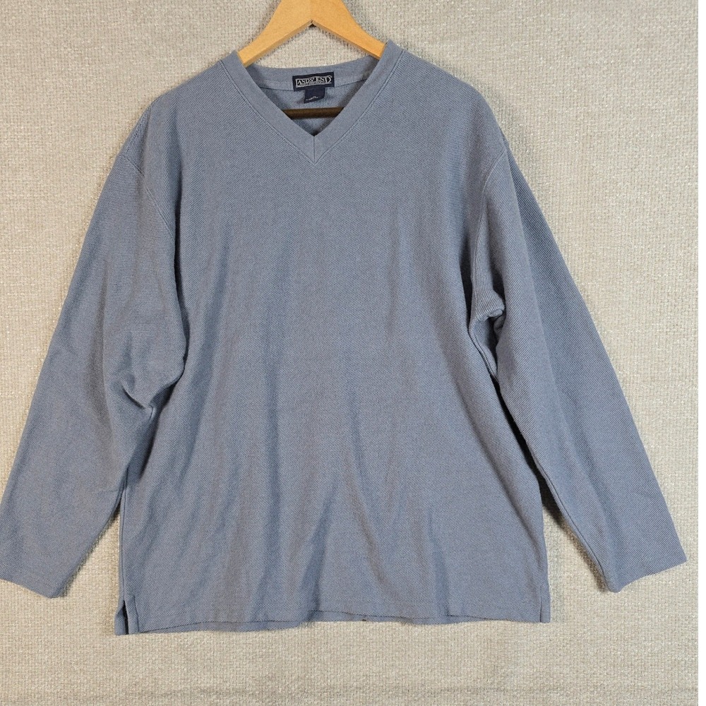 Lands‎ End Mens XL V-Neck Sweater Blue Gray 100% Cotton Textured Long Sleeve